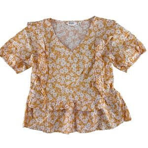 Candace Cameron Bure Ruggle Detail Peplum V Neck Blouse Top Small Apricot Orange